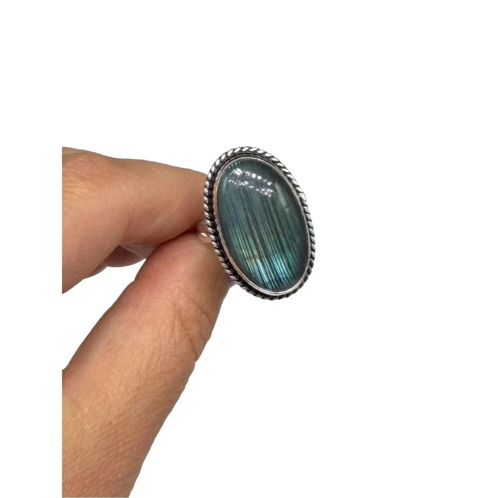 Labradorite Ring Size 7.5 925 Sterling Silver Overlay Oval Stone